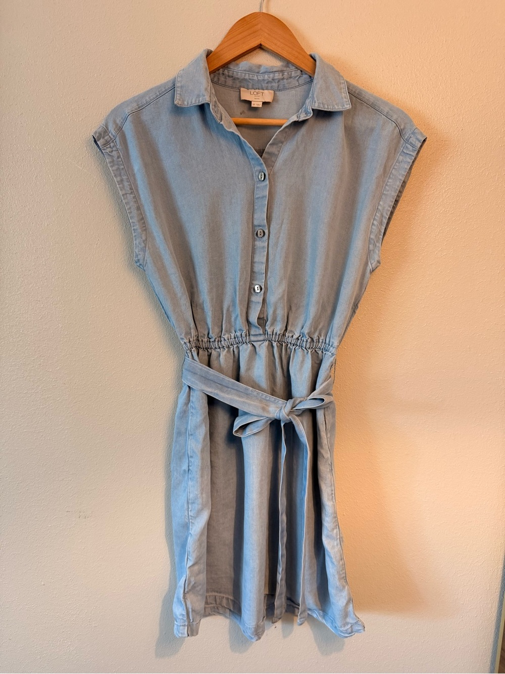 Loft Light Blue Chambray Shirt Dress with Tie elastic Waist